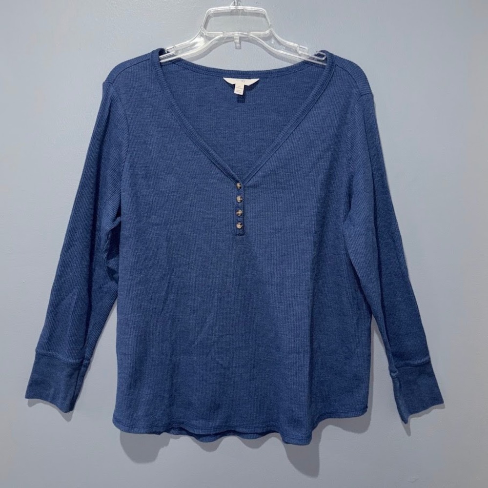 Terra & Sky Henley Top Women 1X‎ Blue Cotton Blend Waffle Knit V-Neck Casual